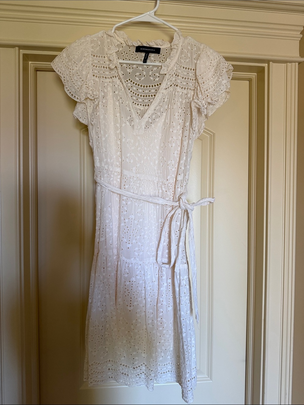 BCBGMaxAzria Cream Eyelet Wrap Dress with Flutter Sleeves